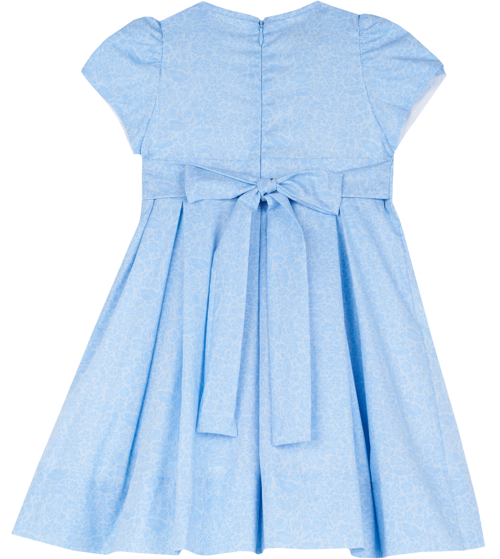 Back of girls blue Liberty print dress showing hidden zip and tie closure
