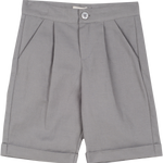 Cashmirino boys’ linen-cotton grey Bermuda shorts with pleats, French pockets, wide turn-up hem, and signature button
