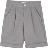 Cashmirino boys’ linen-cotton grey Bermuda shorts with pleats, French pockets, wide turn-up hem, and signature button
