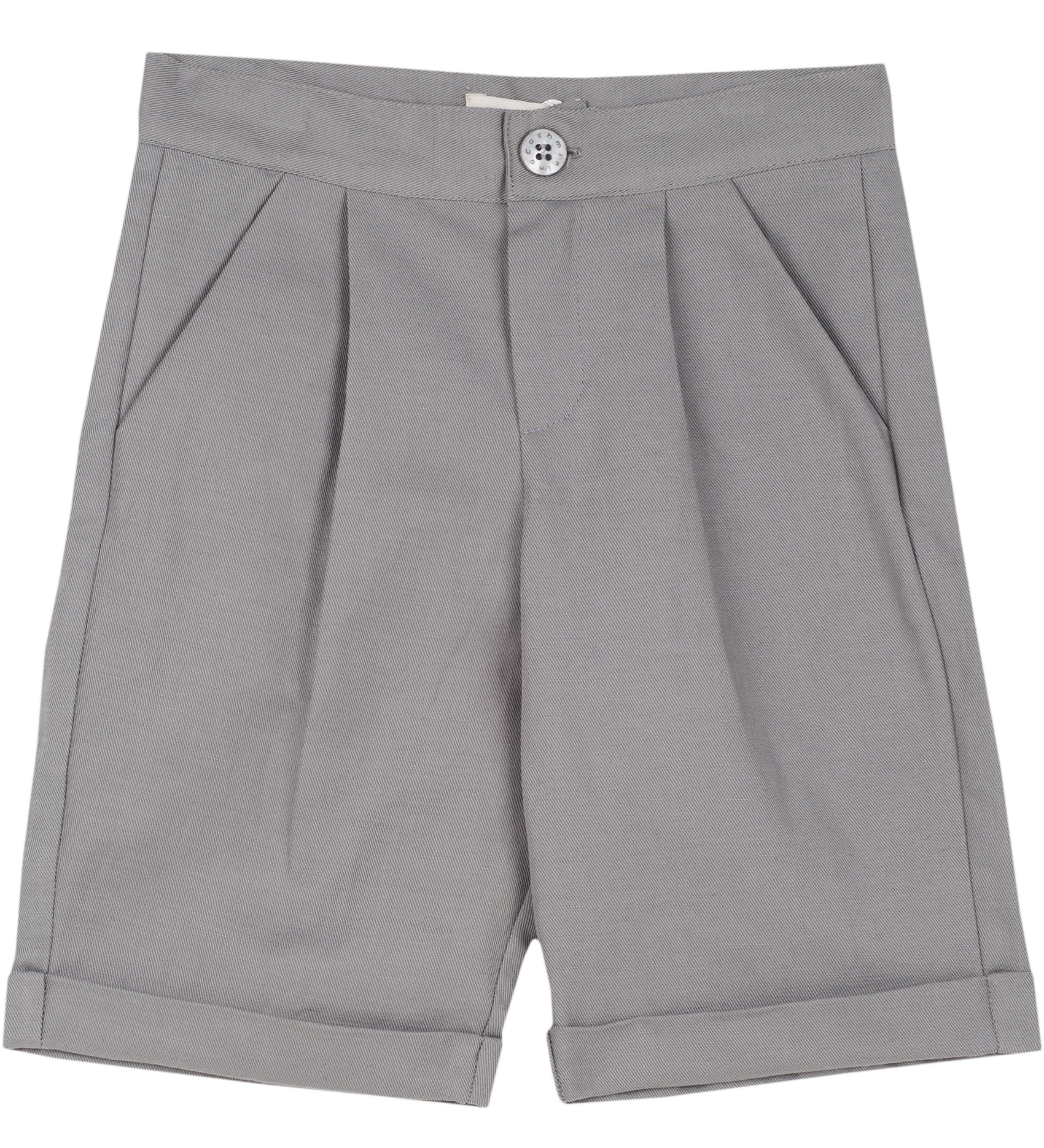 Cashmirino boys’ linen-cotton grey Bermuda shorts with pleats, French pockets, wide turn-up hem, and signature button
