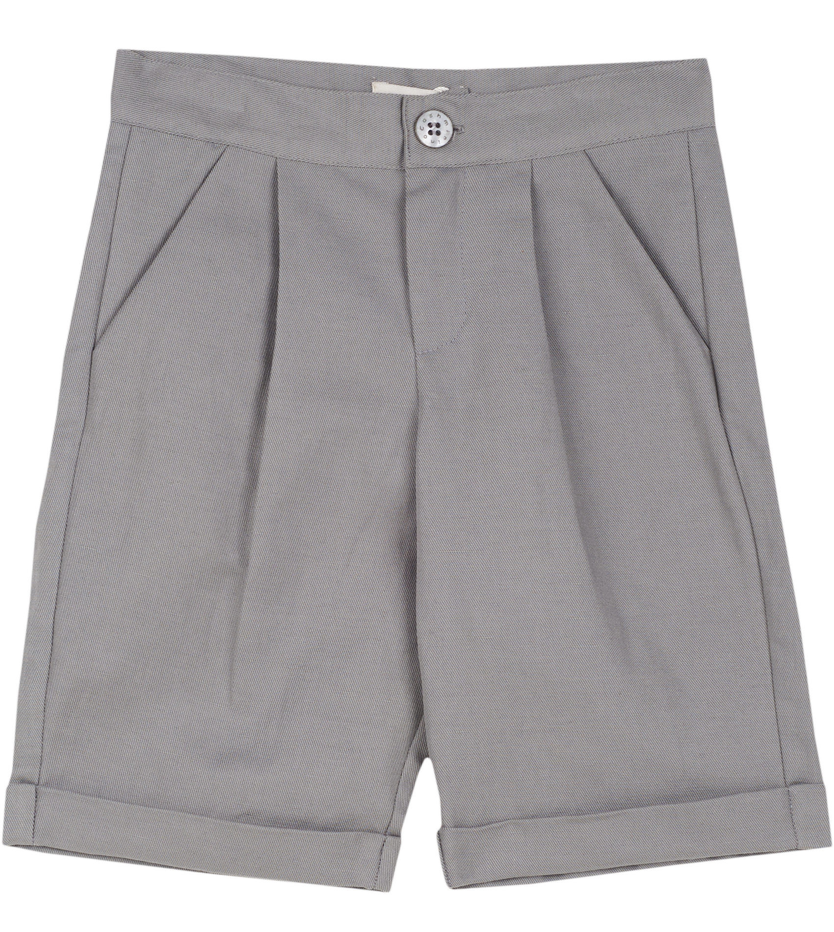 Cashmirino boys’ linen-cotton grey Bermuda shorts with pleats, French pockets, wide turn-up hem, and signature button
