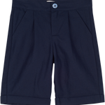 Cashmirino boys’ linen-cotton navy Bermuda shorts with pleats, French pockets, wide turn-up hem, and signature button
