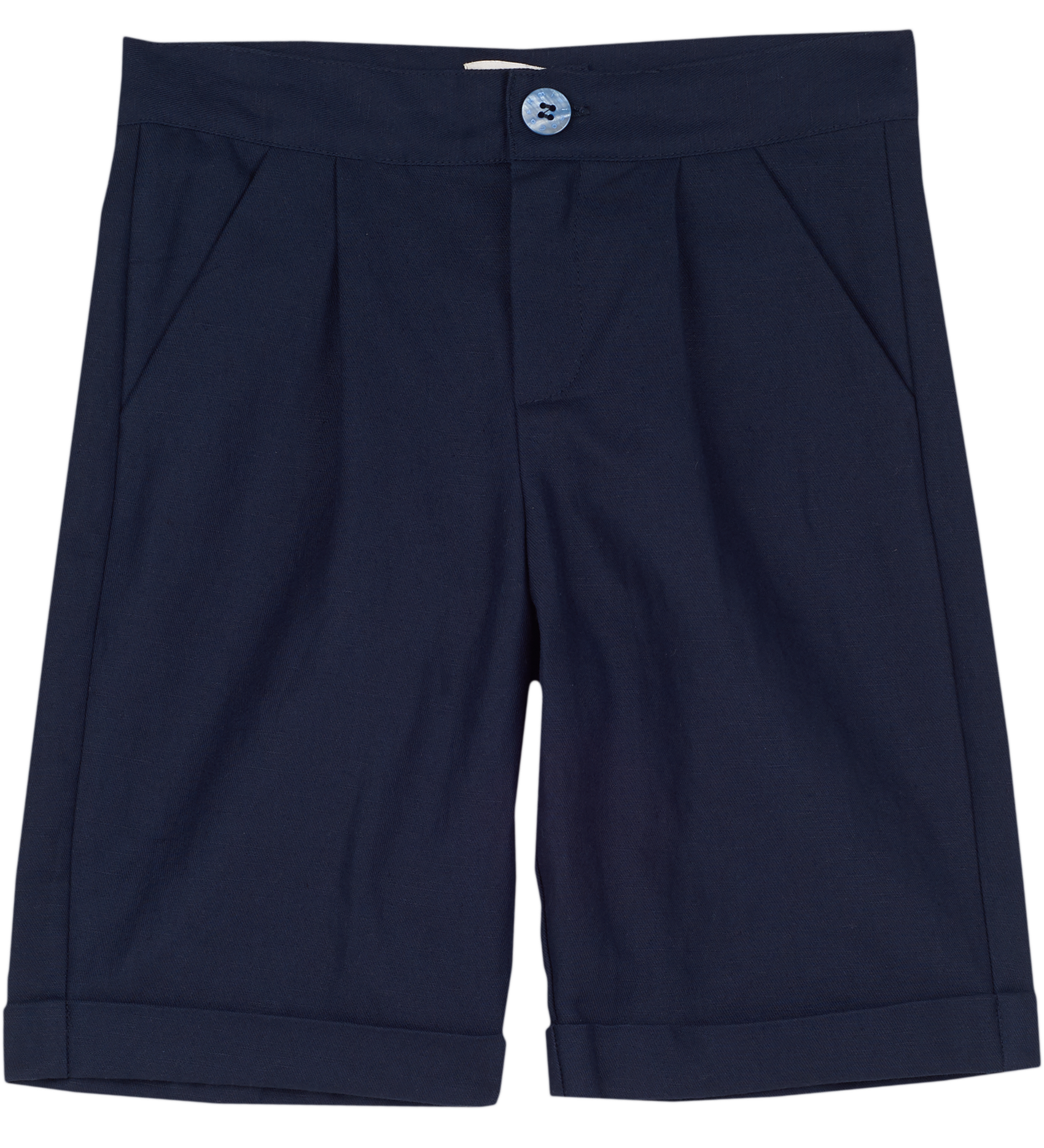 Cashmirino boys’ linen-cotton navy Bermuda shorts with pleats, French pockets, wide turn-up hem, and signature button
