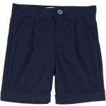 Cashmirino baby boy navy linen cotton Bermuda shorts with pleats, French pockets, wide turn-up hem, and signature button
