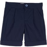 Cashmirino baby boy navy linen cotton Bermuda shorts with pleats, French pockets, wide turn-up hem, and signature button
