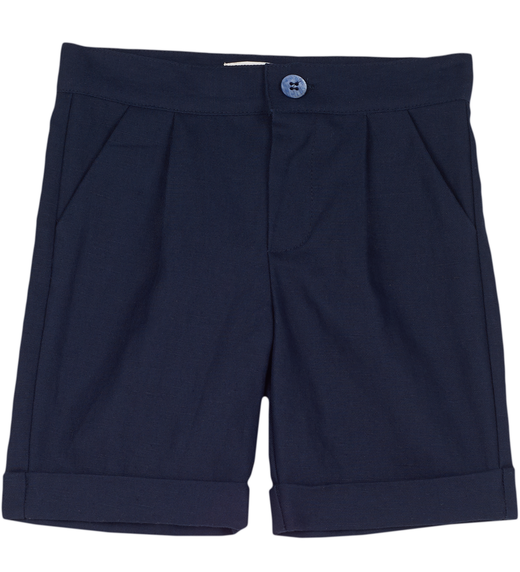 Cashmirino baby boy navy linen cotton Bermuda shorts with pleats, French pockets, wide turn-up hem, and signature button
