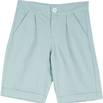 Cashmirino boys’ linen-cotton green Bermuda shorts with pleats, French pockets, wide turn-up hem, and signature button
