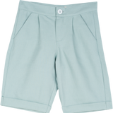 Cashmirino boys’ linen-cotton green Bermuda shorts with pleats, French pockets, wide turn-up hem, and signature button
