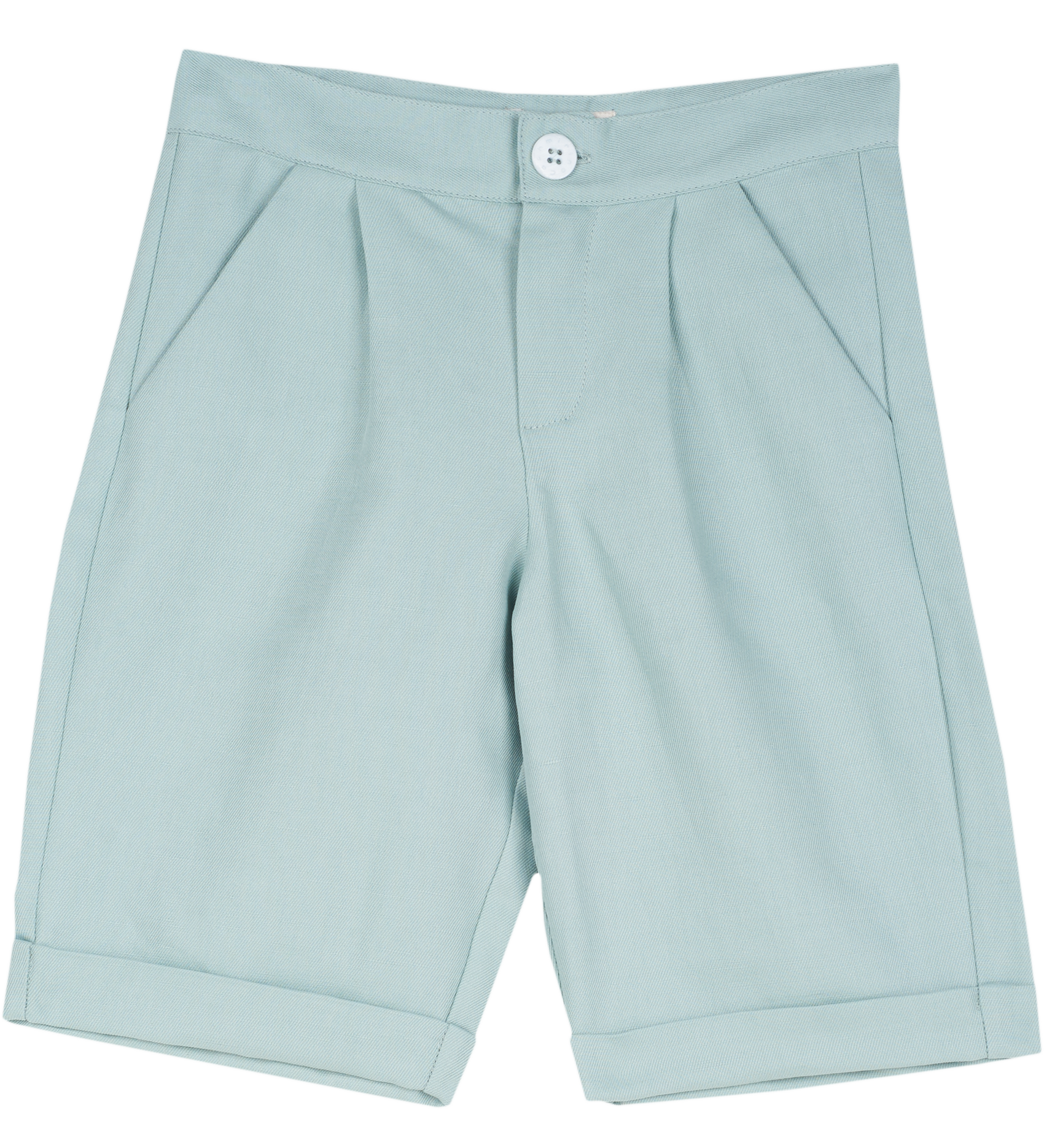 Cashmirino boys’ linen-cotton green Bermuda shorts with pleats, French pockets, wide turn-up hem, and signature button
