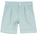 Cashmirino baby boy green linen cotton Bermuda shorts with pleats, French pockets, wide turn-up hem, and signature button
