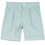 Cashmirino baby boy green linen cotton Bermuda shorts with pleats, French pockets, wide turn-up hem, and signature button
