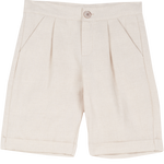 Cashmirino boys’ linen-cotton beige Bermuda shorts with pleats, French pockets, wide turn-up hem, and signature button

