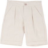 Cashmirino boys’ linen-cotton beige Bermuda shorts with pleats, French pockets, wide turn-up hem, and signature button
