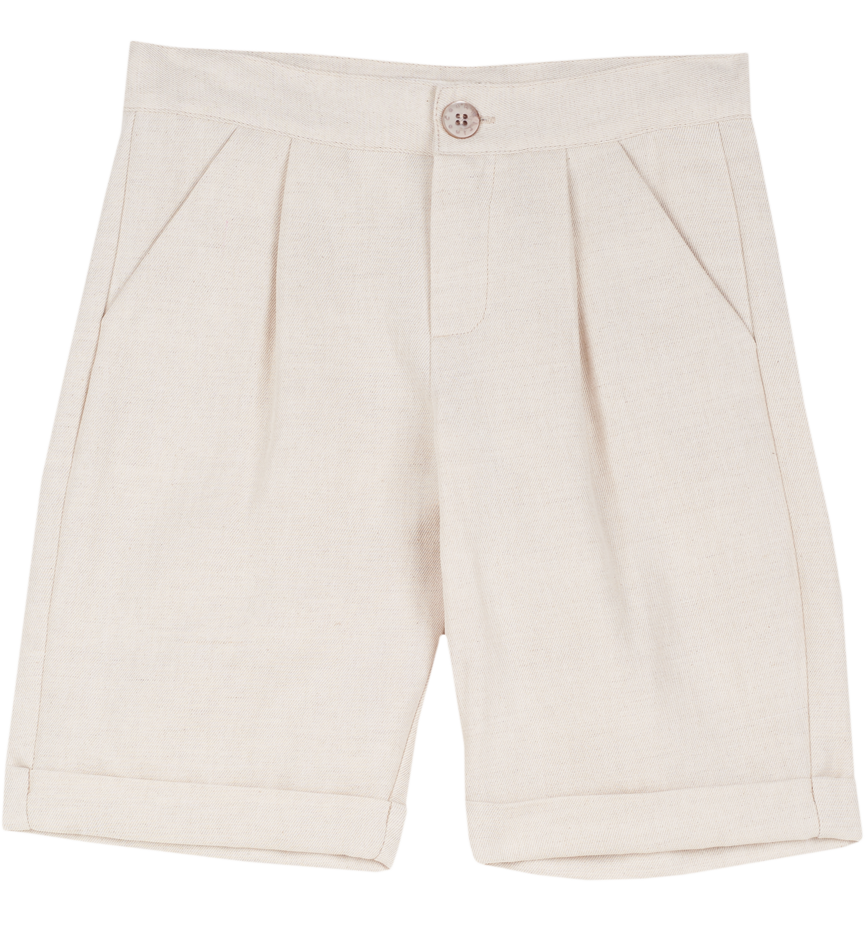 Cashmirino boys’ linen-cotton beige Bermuda shorts with pleats, French pockets, wide turn-up hem, and signature button
