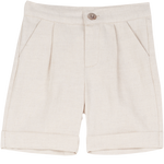 Cashmirino baby boy beige linen cotton blend Bermuda shorts with pleats, French pockets, wide turn-up hem, and signature button
