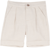 Cashmirino baby boy beige linen cotton blend Bermuda shorts with pleats, French pockets, wide turn-up hem, and signature button
