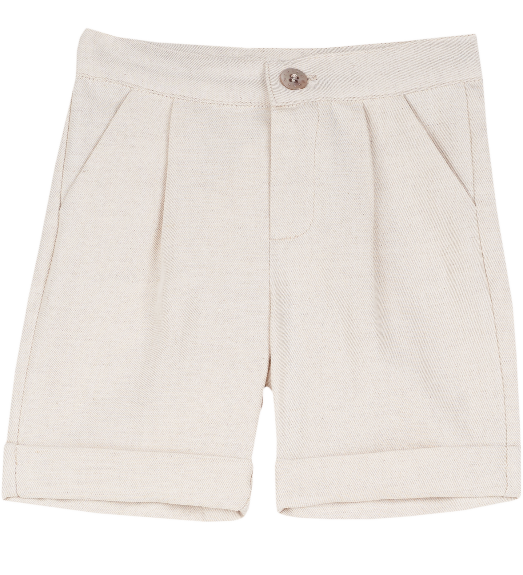Cashmirino baby boy beige linen cotton blend Bermuda shorts with pleats, French pockets, wide turn-up hem, and signature button
