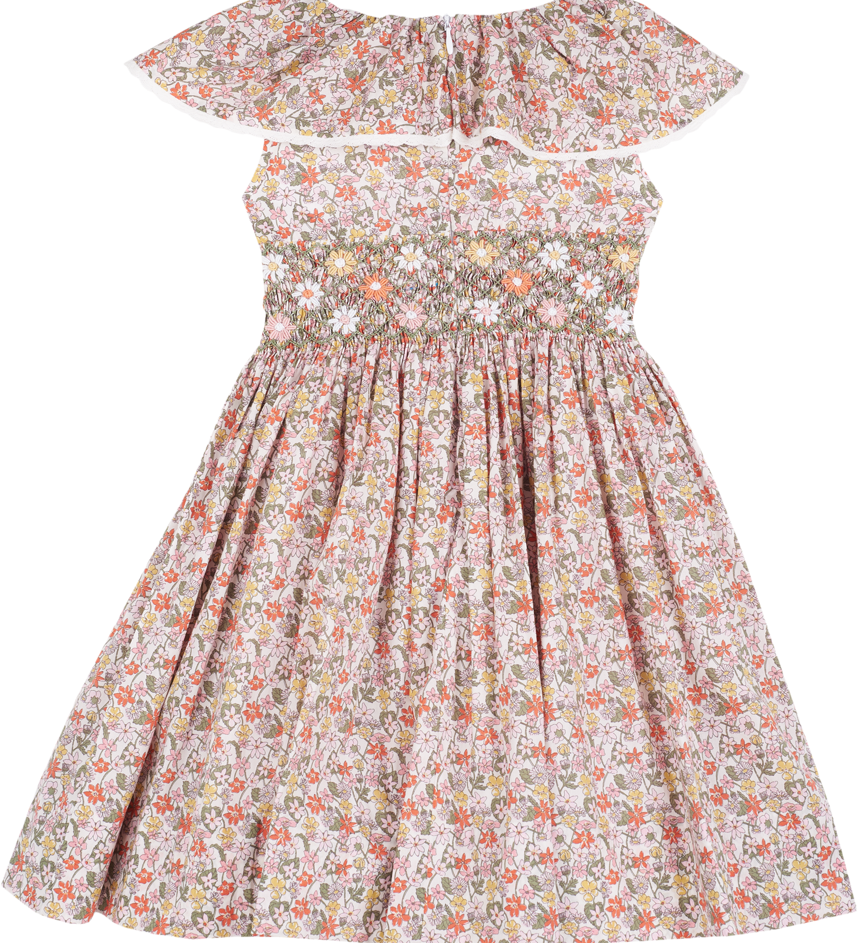 Girl - Ginevra 100% Cotton Smocked Hand Embroidered Knee Length Dress