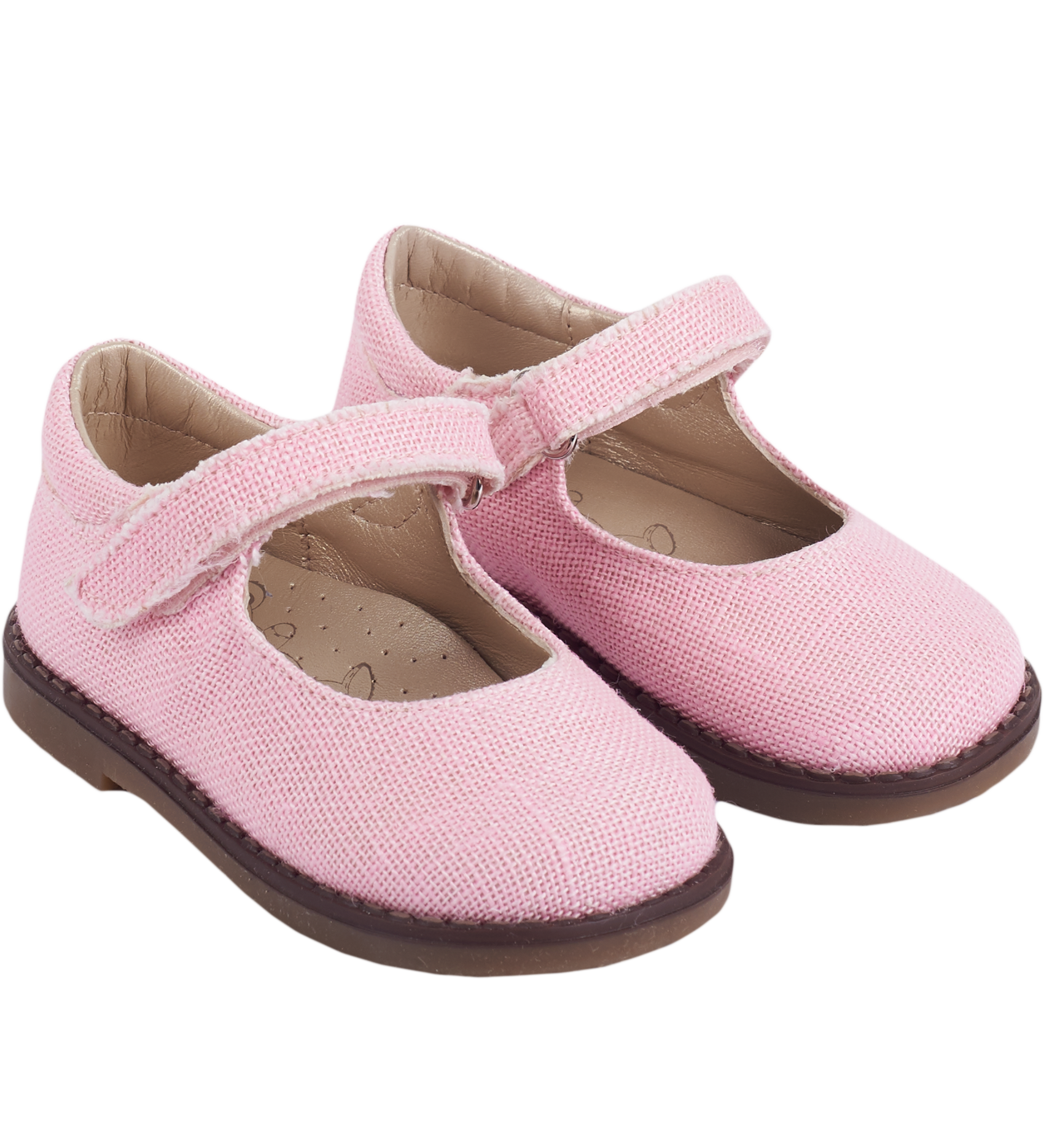 Pink girls’ Mary Jane shoes with cushioned linen insoles and Velcro strap