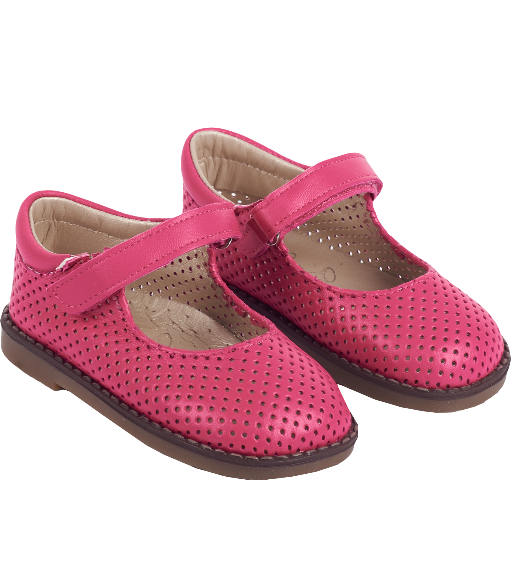 Side view of fuchsia leather Mary Jane shoes with buckle strap.