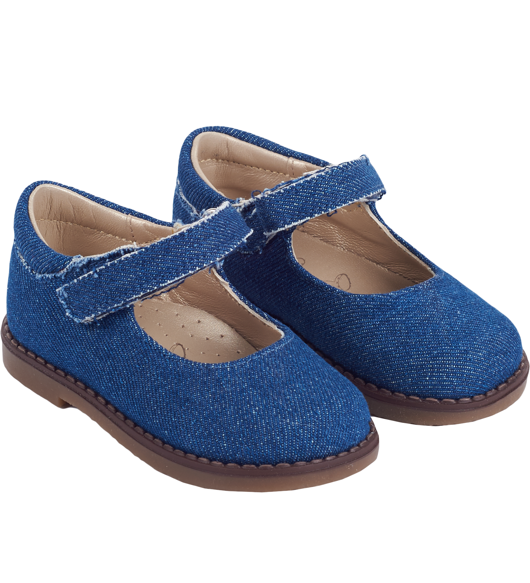 Side view of denim-effect Mary Jane shoes for girls.