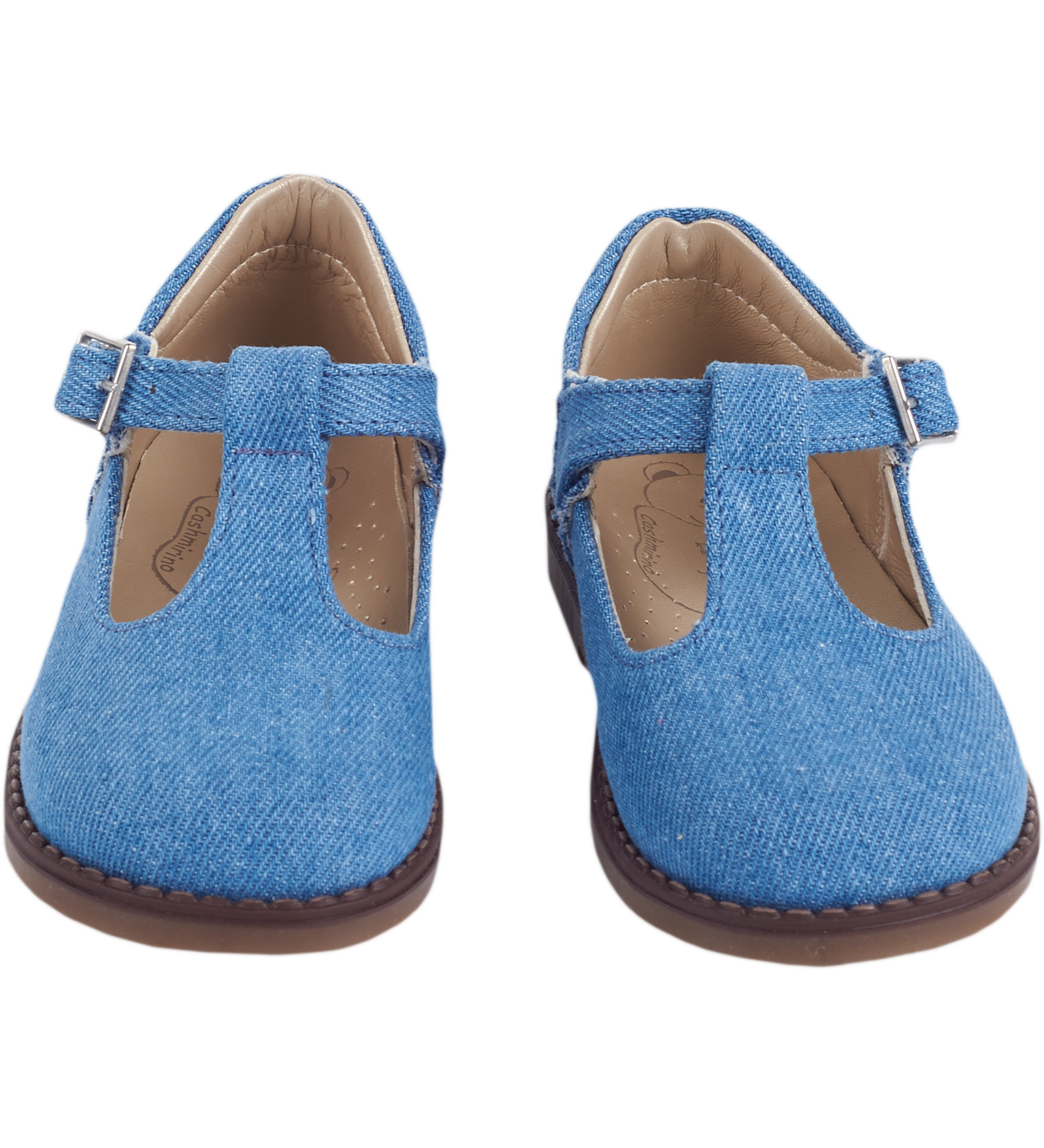 Girls' Mary Jane shoes with denim-look textile and buckle strap.