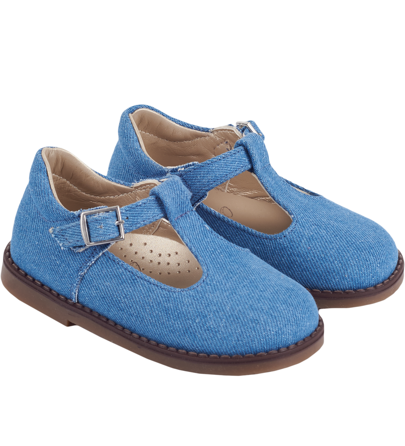 Side view of denim-effect Mary Jane shoes with cut-out detail