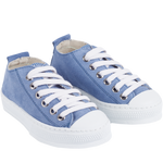 Side view of blue leather trainers for children by Cashmirino