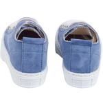Back view of blue leather trainers with rubber sole.