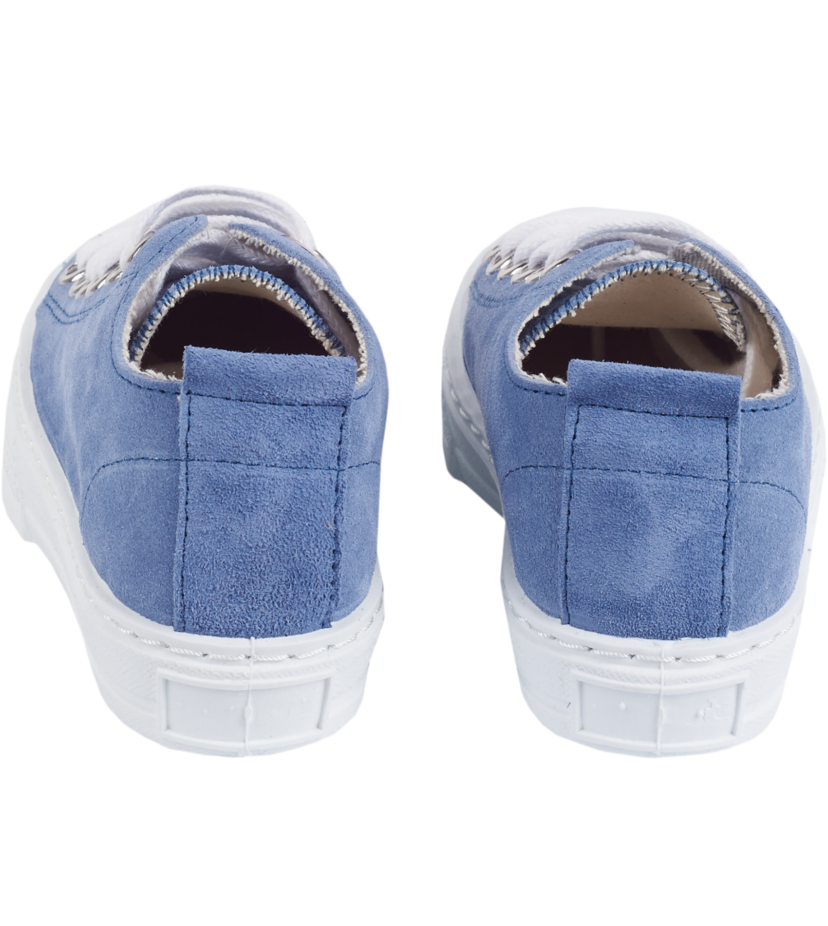 Back view of blue leather trainers with rubber sole.
