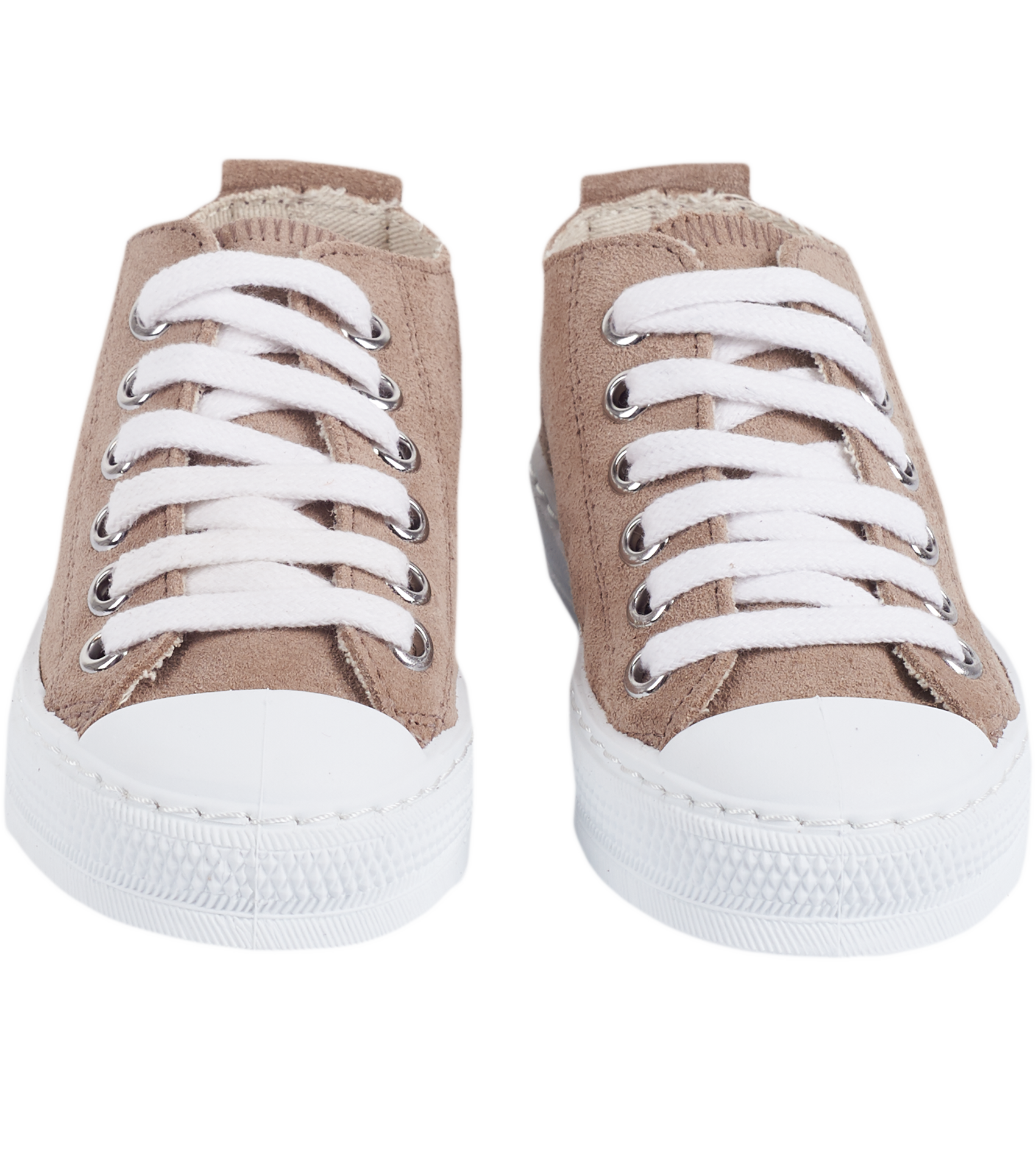Top view of taupe leather trainers for boys and girls.