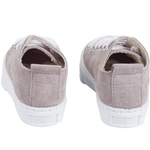 Back view of light grey leather trainers for children.