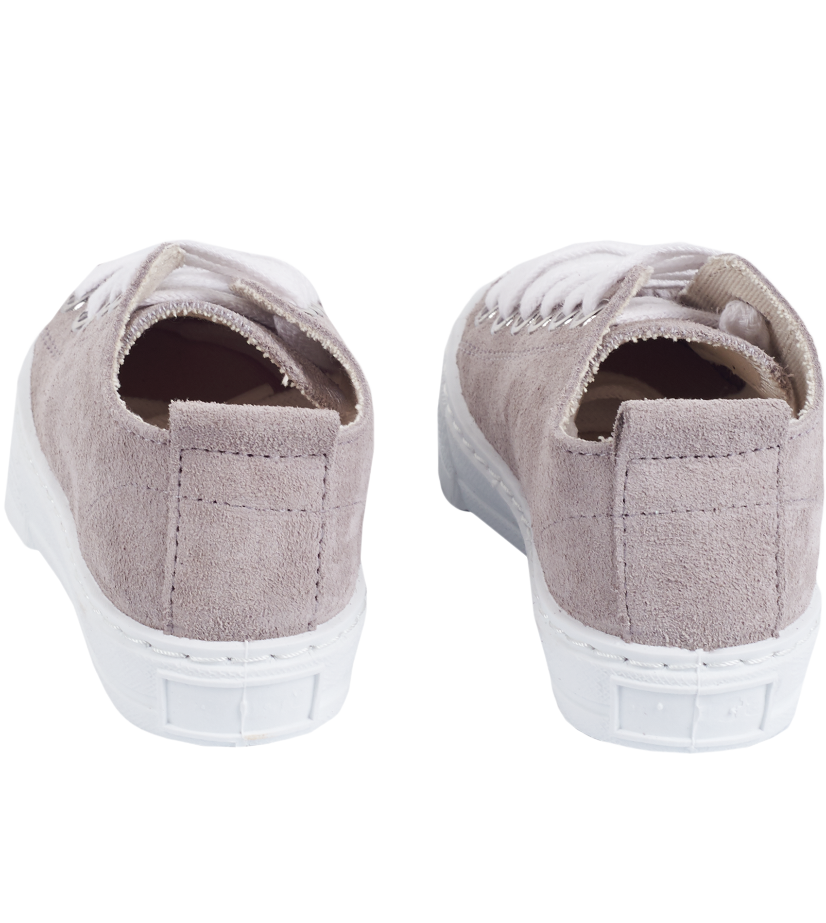 Back view of light grey leather trainers for children.