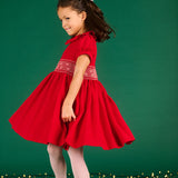 Girl - Ruby Wool Smocked Hand Embroidered Knee Length Dress
