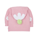 Baby Girl - Cotton Cardigan Hoodie With Flower Elbow Patches, Pudding Hood And Pom-Pom