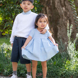Girl - Moon Blue Linen Mini Dress - Pleated Dress