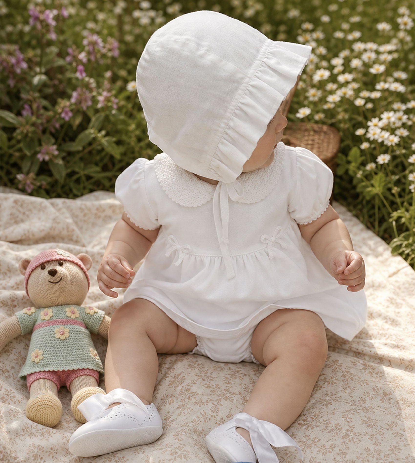 Baby girl in a white Peruvian Pima cotton dress set with crochet Peter Pan collar on a picnic blanket.