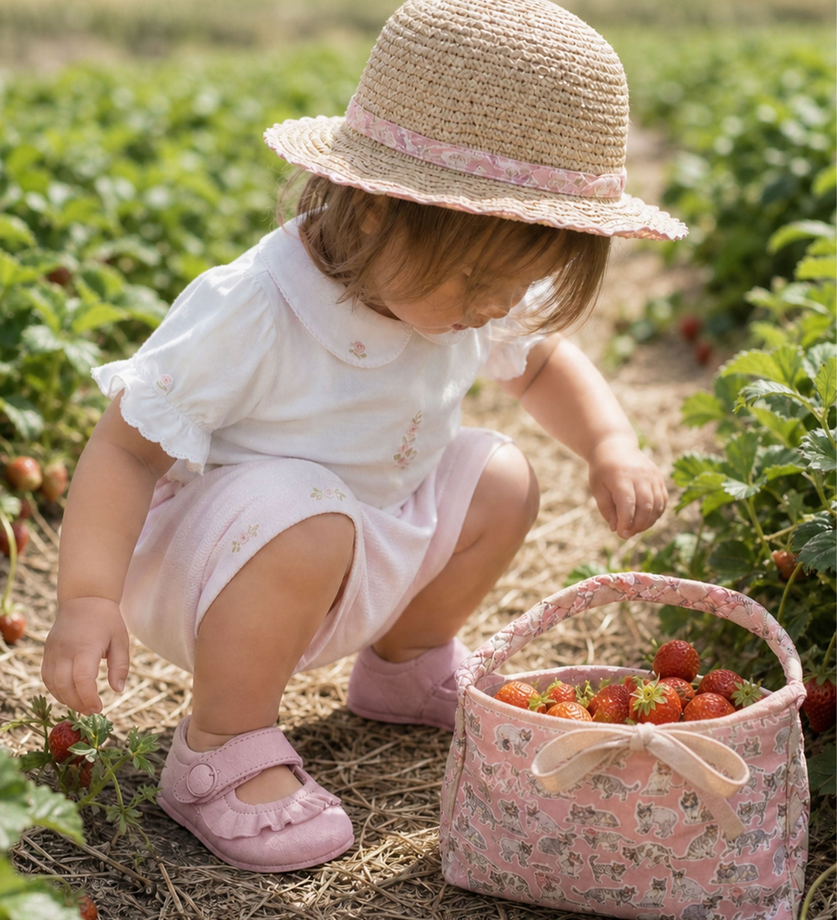 Baby girl wearing Peruvian Pima cotton bodysuit and shorts set with hand-embroidered roses picking strawberries.