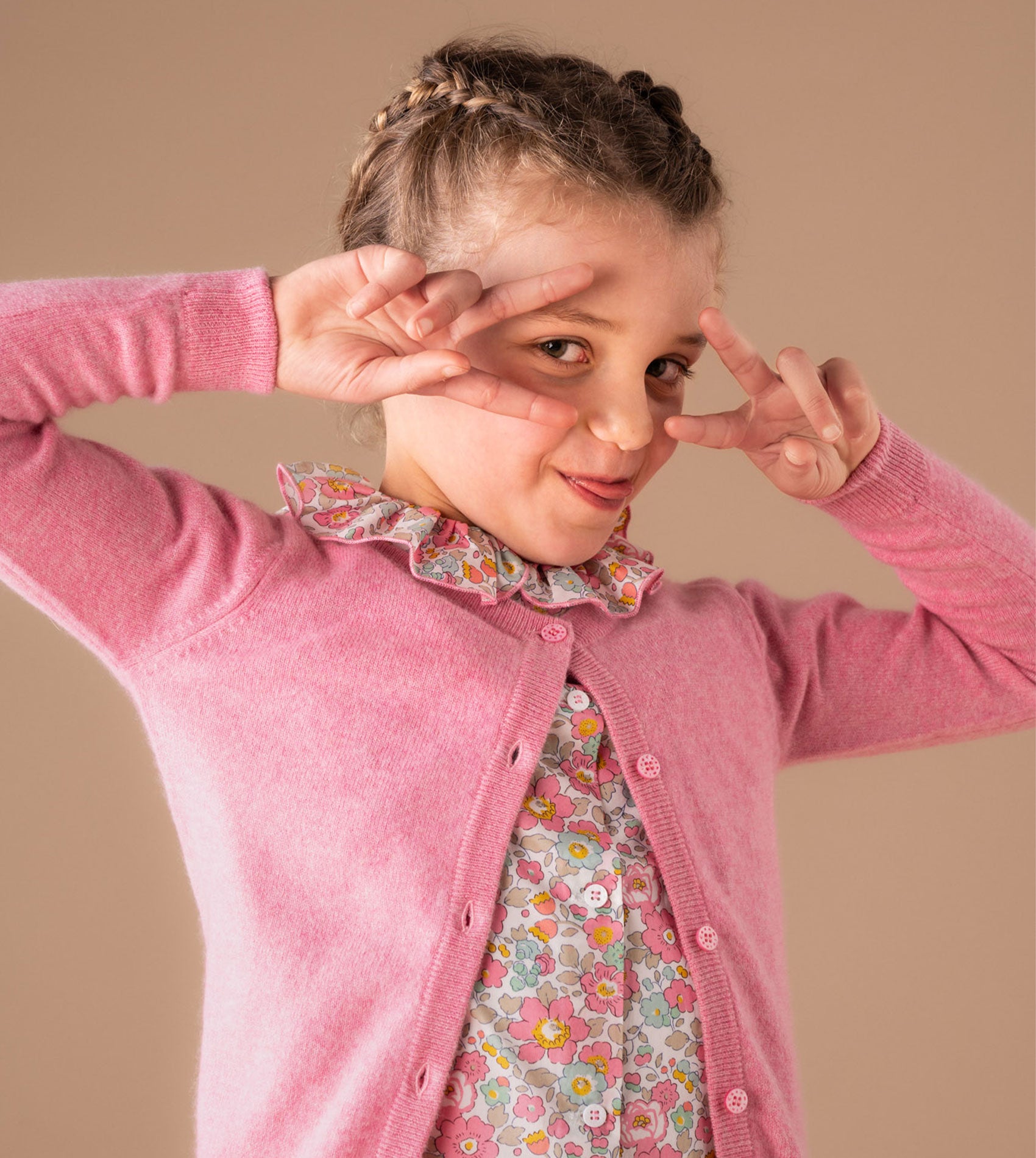Girls spring outfit with Liberty blouse and cashmere cardigan.