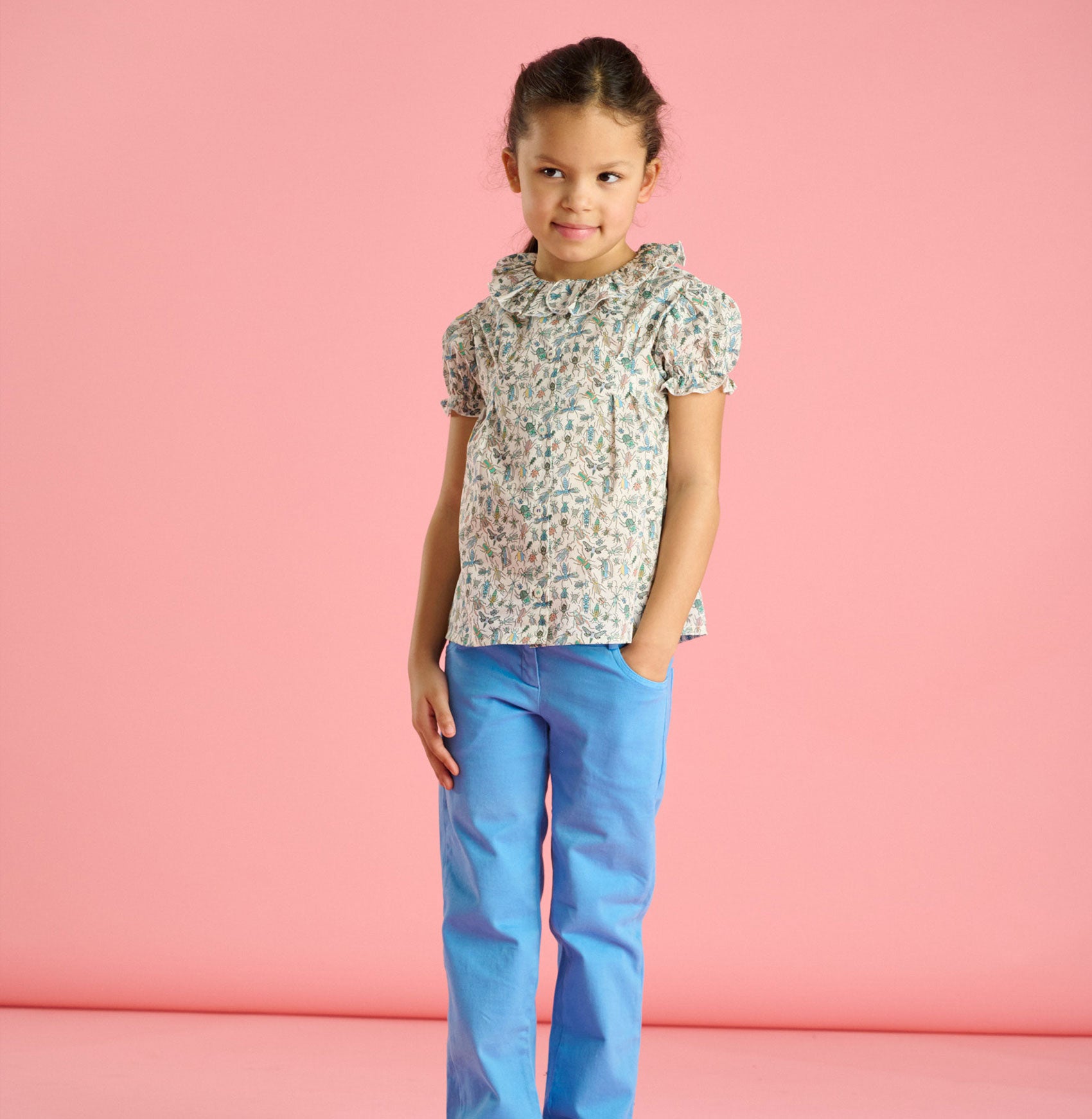 Lightweight cotton girls blouse with ruffled collar