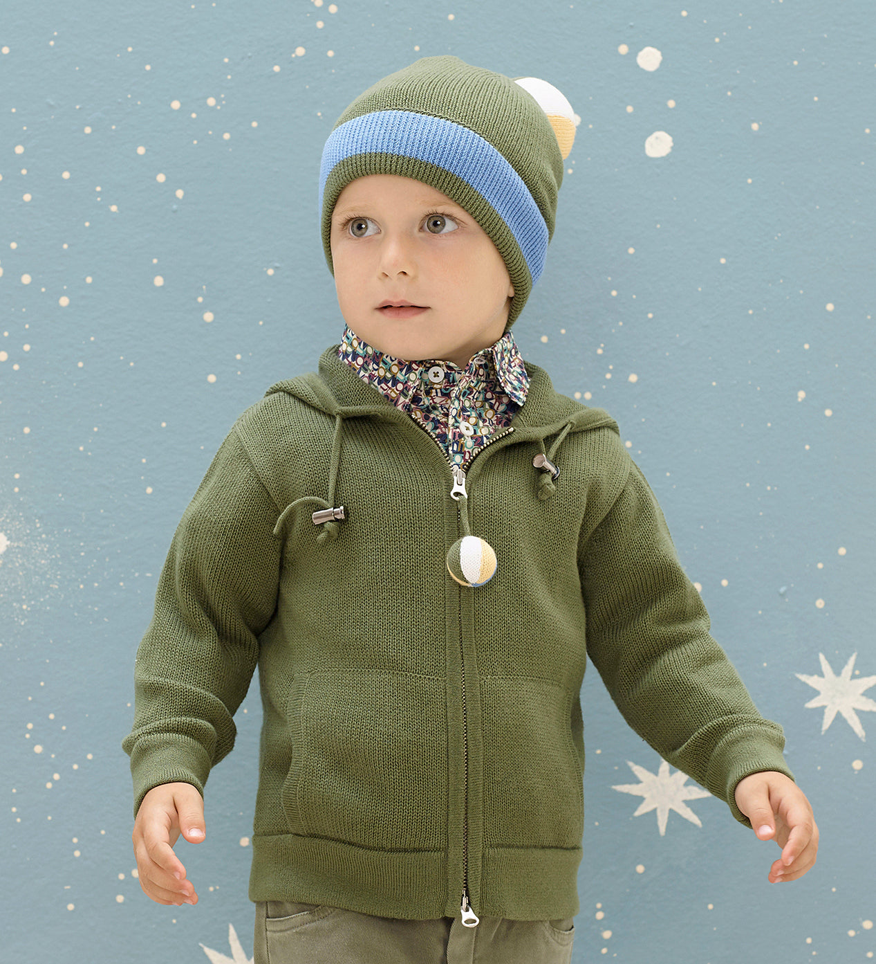 Baby Boy - Cotton Hat With Contrast Border And Stripe Ball