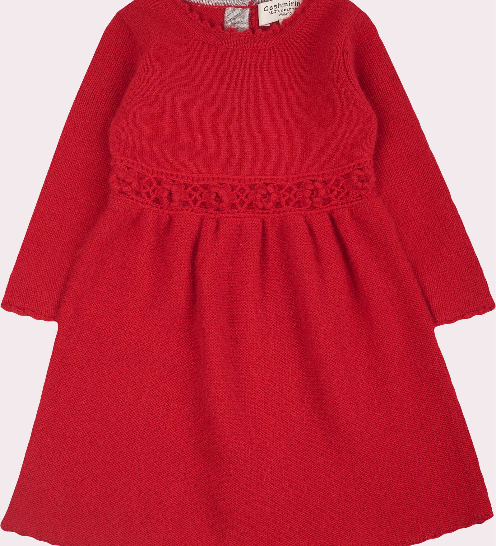 Baby Girl - Cashmere Long Sleeve Dress With Crochet Flowers At Waist