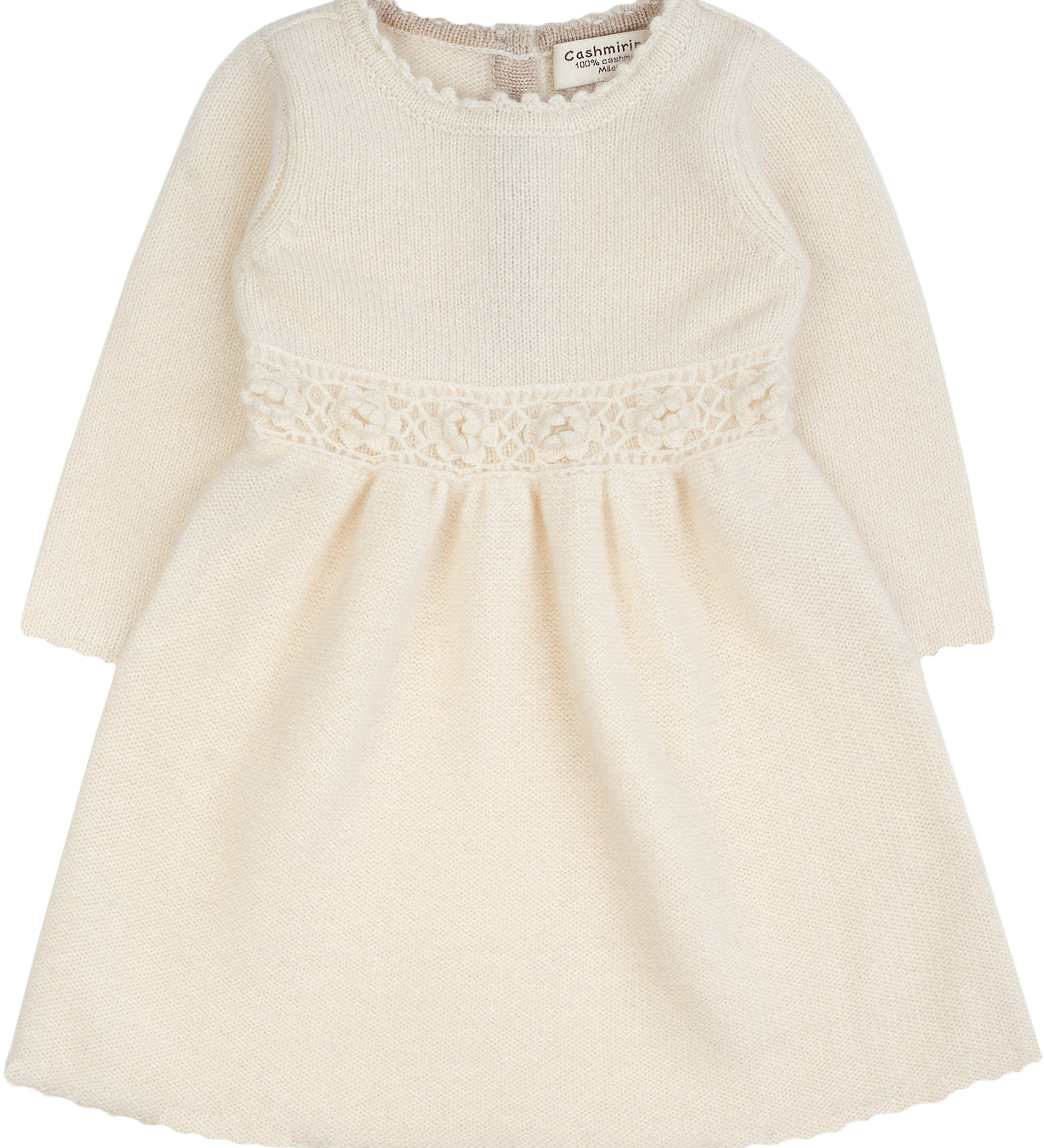Baby Girl - Cashmere Long Sleeve Dress With Crochet Flowers At Waist