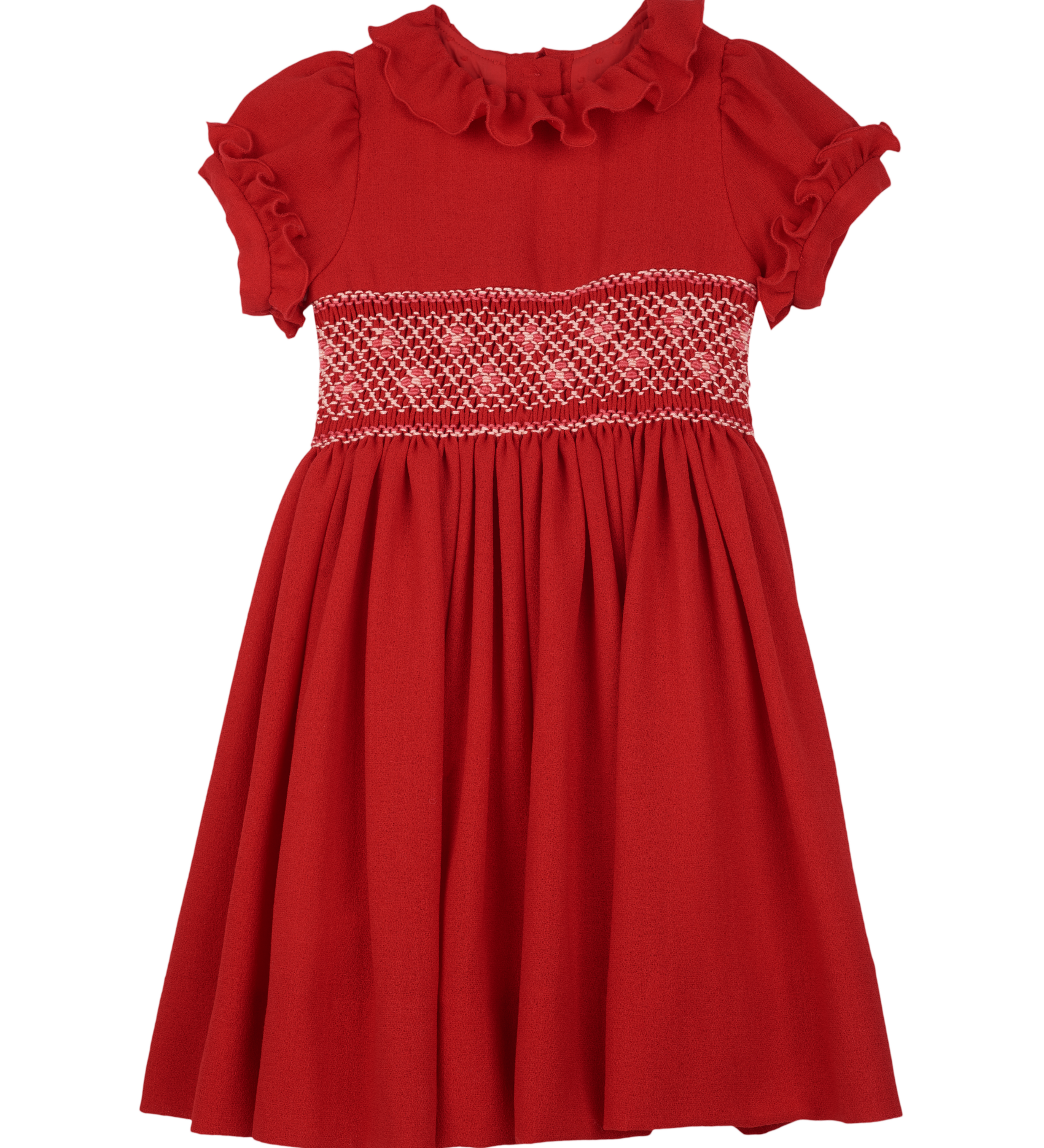 Girl - Ruby Wool Smocked Hand Embroidered Knee Length Dress