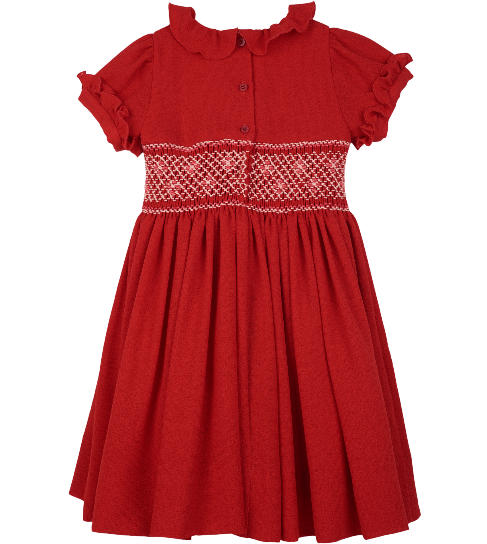 Girl - Ruby Wool Smocked Hand Embroidered Knee Length Dress