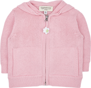 Baby Girl - Cotton Cardigan Hoodie With Flower Elbow Patches, Pudding Hood And Pom-Pom