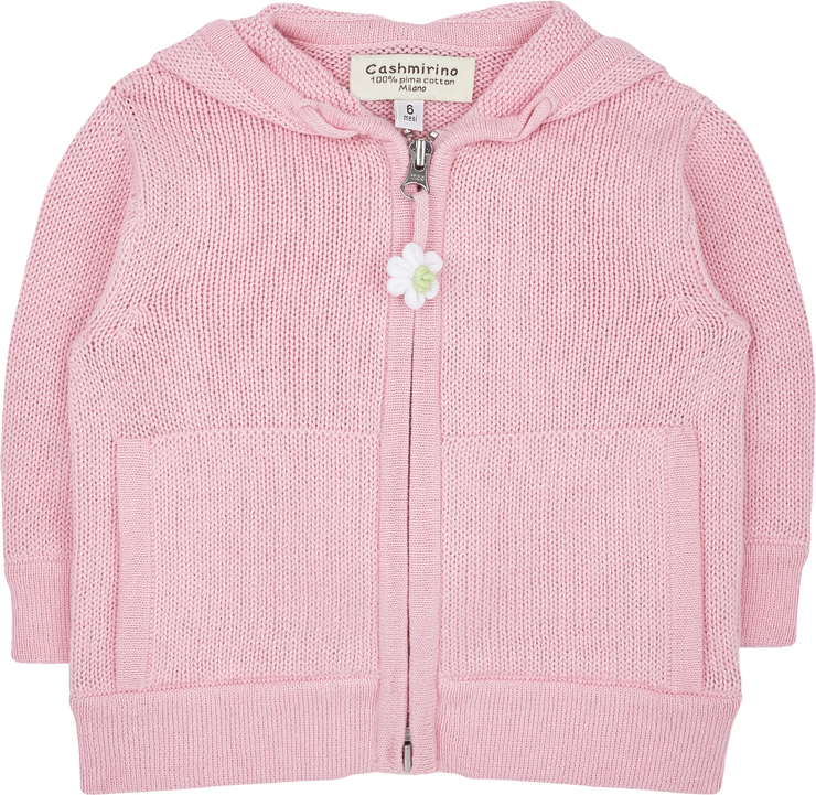 Baby Girl - Cotton Cardigan Hoodie With Flower Elbow Patches, Pudding Hood And Pom-Pom