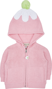 Baby Girl - Cotton Cardigan Hoodie With Flower Elbow Patches, Pudding Hood And Pom-Pom