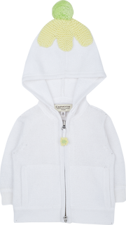 Baby Girl - Cotton Cardigan Hoodie With Flower Elbow Patches, Pudding Hood And Pom-Pom