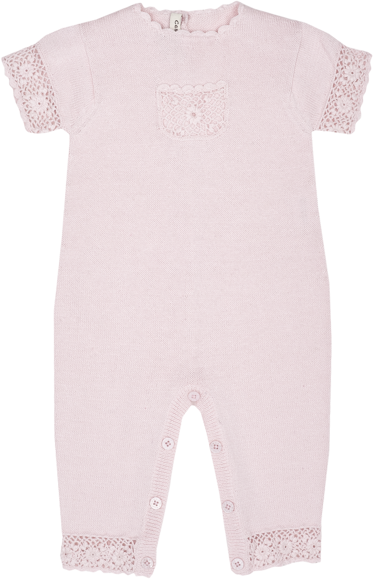 Baby Girl - Cotton Romper With Crochet Borders And Pocket